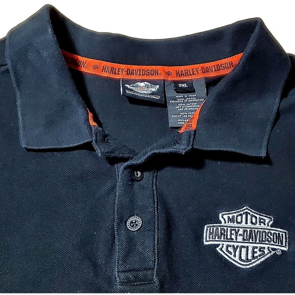 Harley Davidson Polo Shirt Work Black 2X Embroidered Chest Shield Orange Trim - Picture 4 of 11